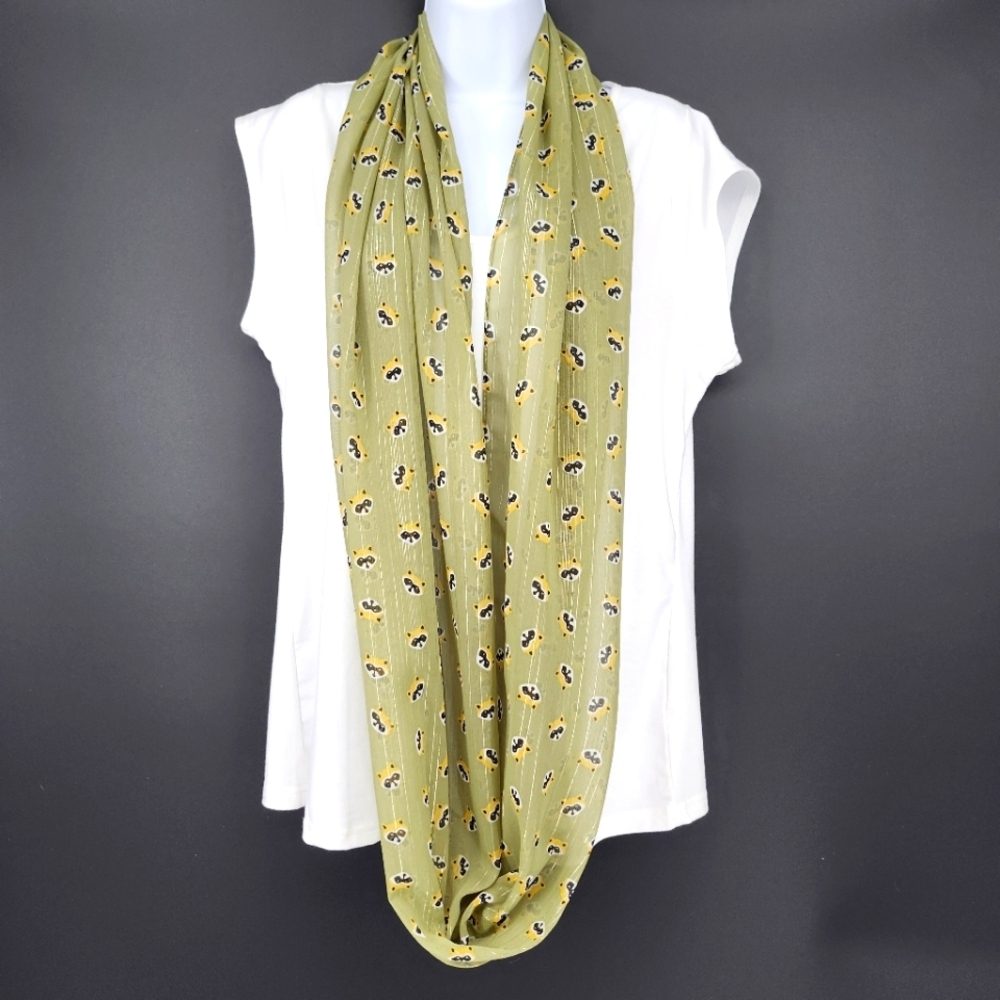 Green Metallic Raccoon Face AOP Eclectic Funky Infinity Scarf Lightweight